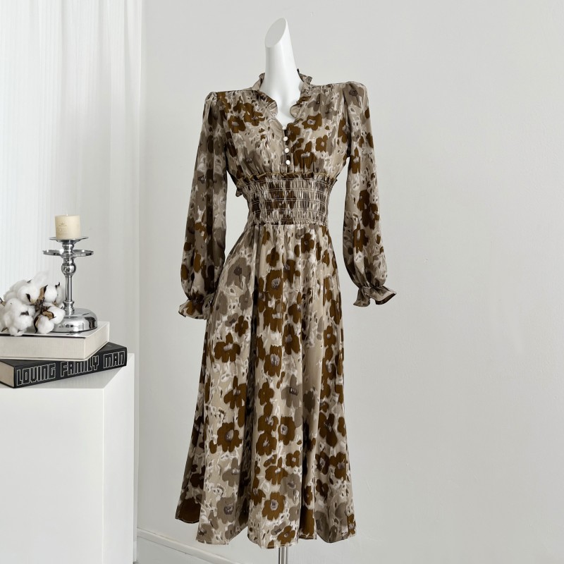 V-neck temperament autumn refinement high waist France style dress