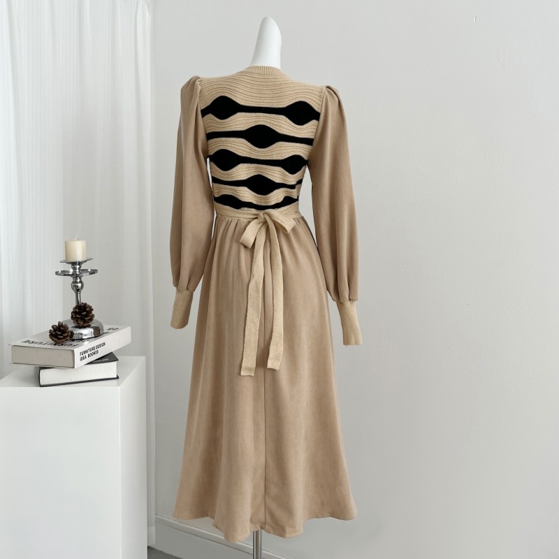 Slim sweet Pseudo-two dress autumn knitted mixed colors belt