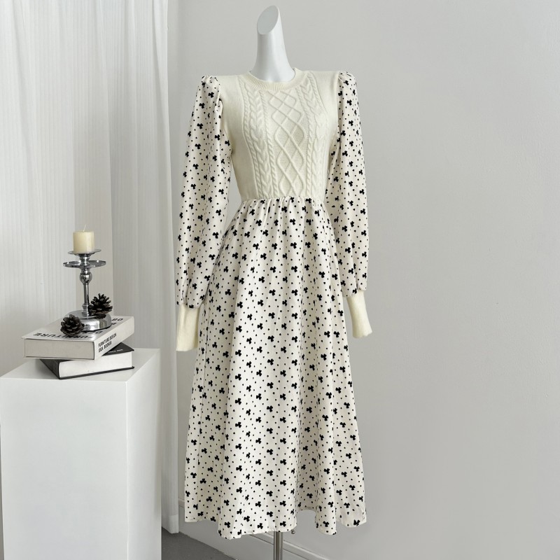 Hook flower slim dress Pseudo-two autumn belt