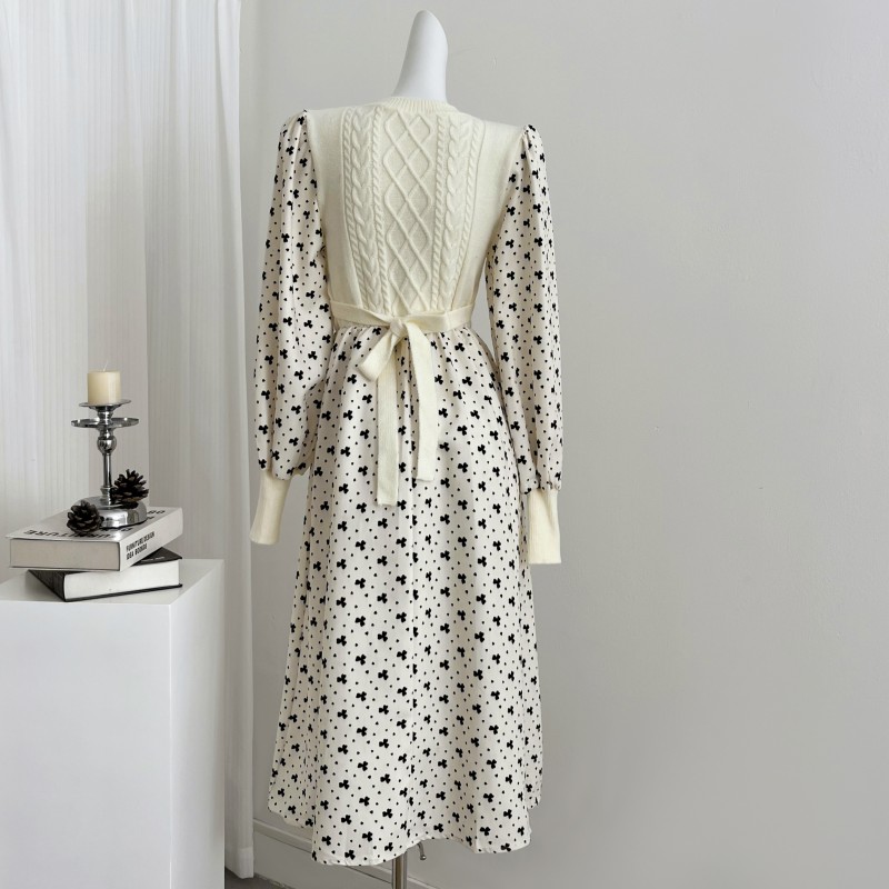 Hook flower slim dress Pseudo-two autumn belt