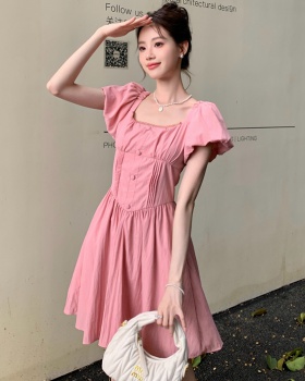 Summer puff sleeve pinched waist square collar dress