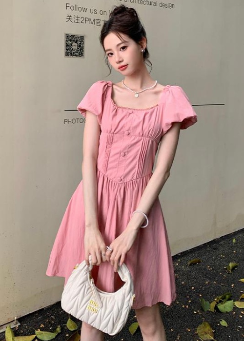 Summer puff sleeve pinched waist square collar dress