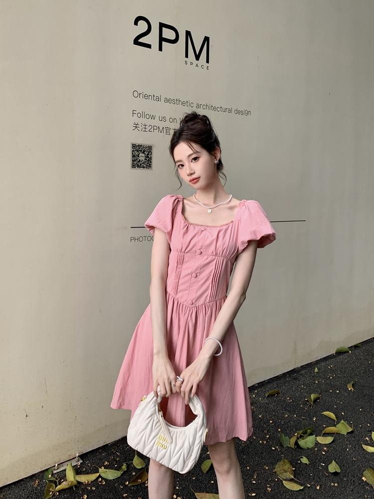 Summer puff sleeve pinched waist square collar dress