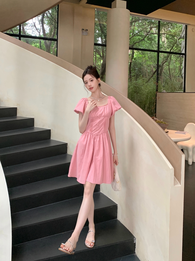 Summer puff sleeve pinched waist square collar dress