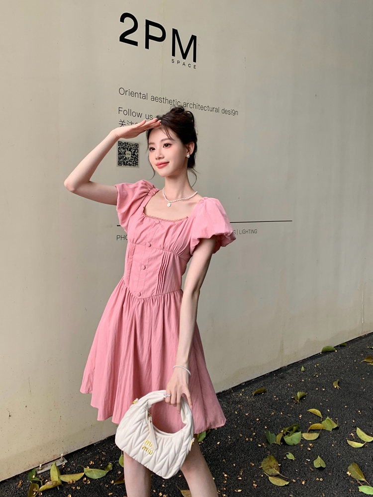 Summer puff sleeve pinched waist square collar dress