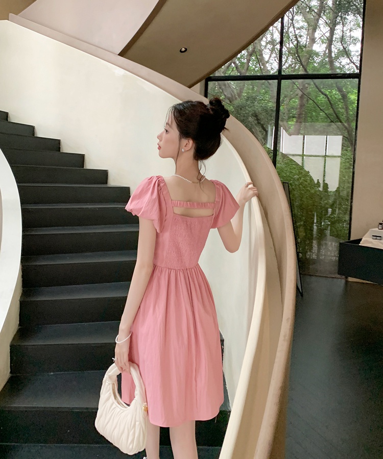 Summer puff sleeve pinched waist square collar dress