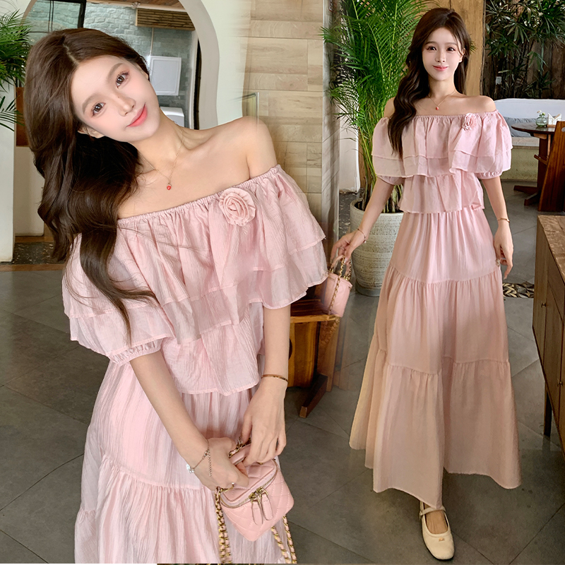 Large yard long skirt short sleeve tops 2pcs set