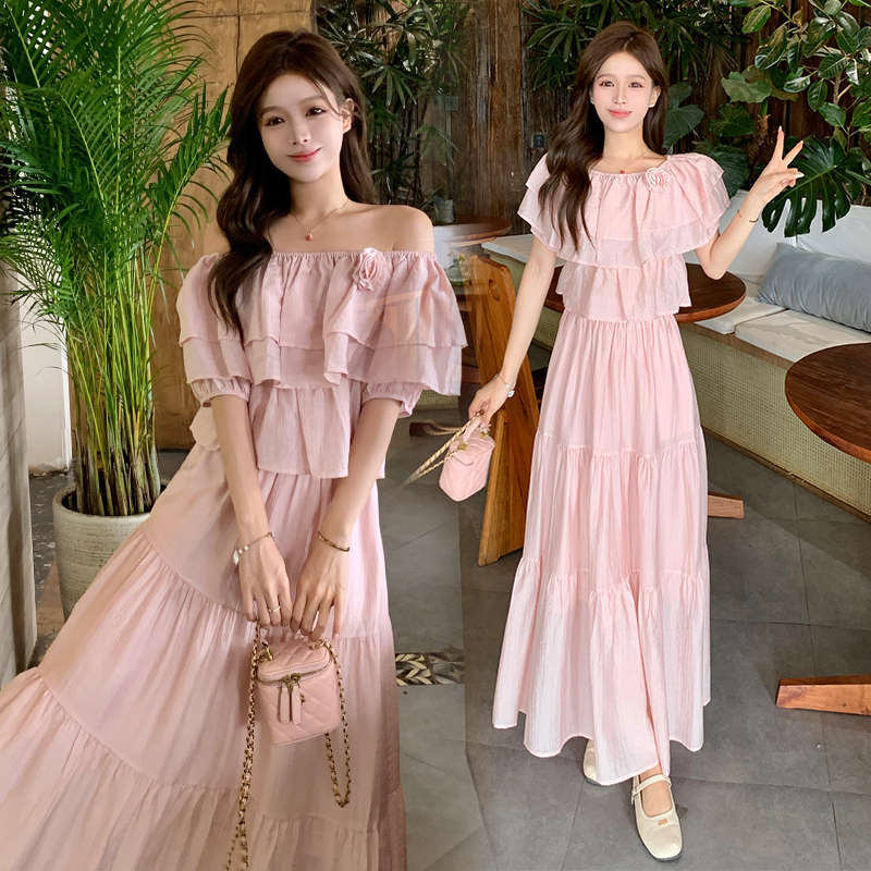 Large yard long skirt short sleeve tops 2pcs set