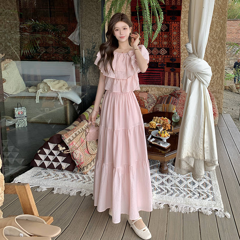 Large yard long skirt short sleeve tops 2pcs set