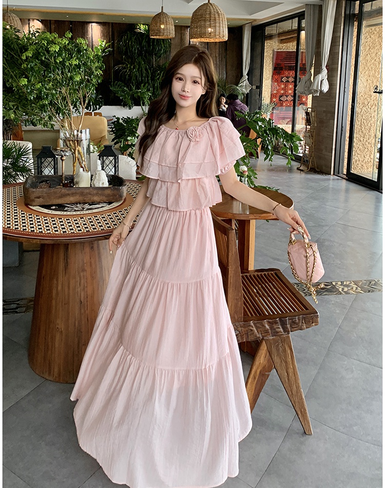 Large yard long skirt short sleeve tops 2pcs set