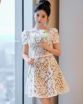 Square collar autumn niche lace hollow white dress