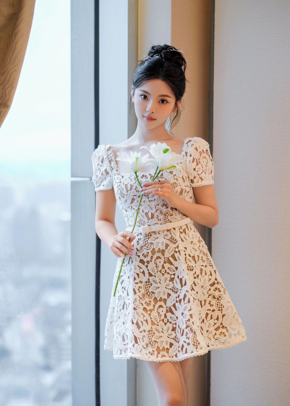 Square collar autumn niche lace hollow white dress