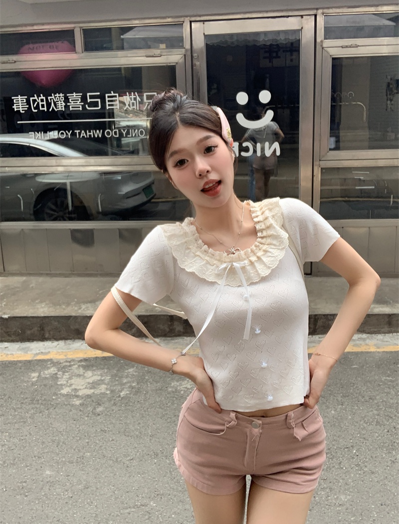 Lace sweet tops short sleeve show young sweater for women