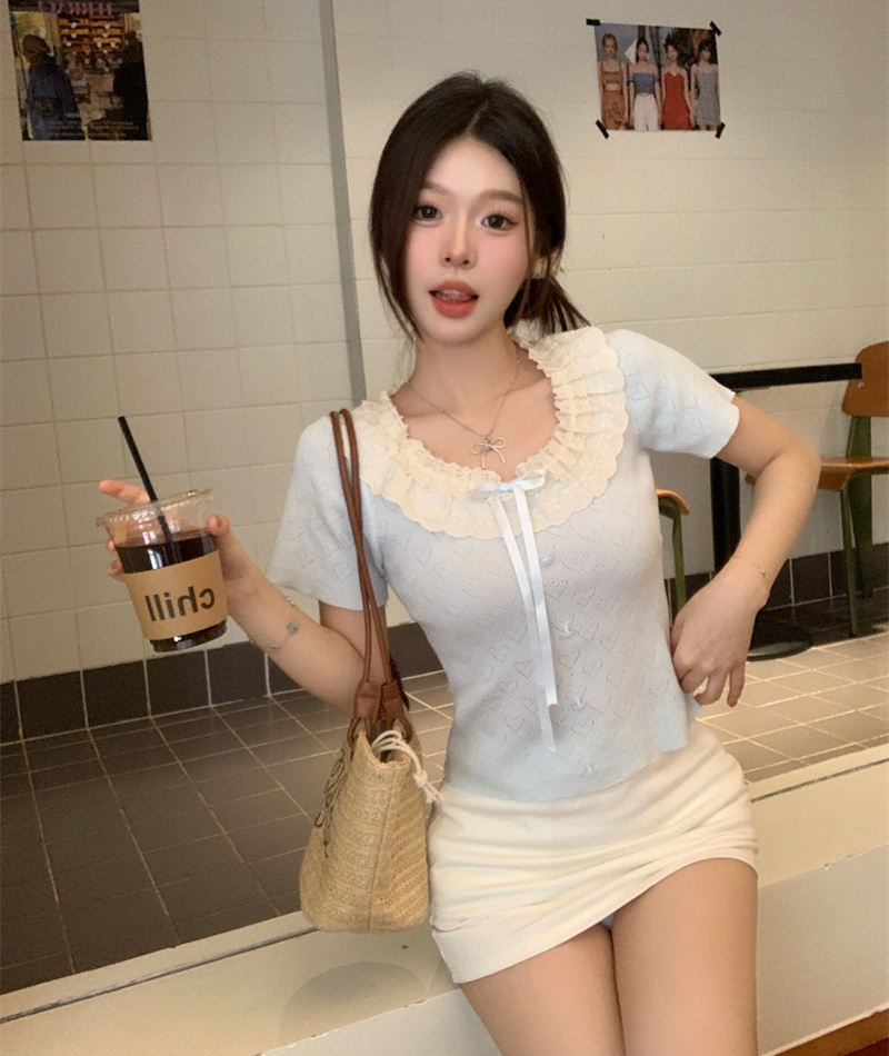 Lace sweet tops short sleeve show young sweater for women