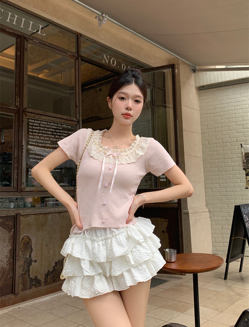 Lace sweet tops short sleeve show young sweater for women