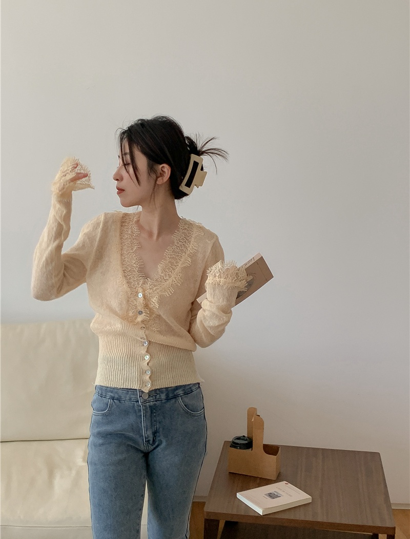 France style slim lace tops spring knitted cardigan