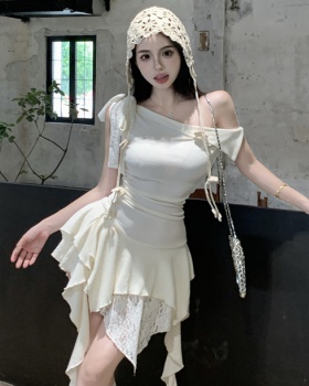 White temperament knitted summer splice lace dress