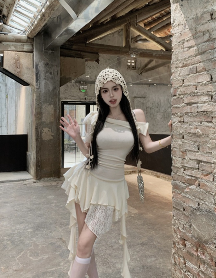 White temperament knitted summer splice lace dress