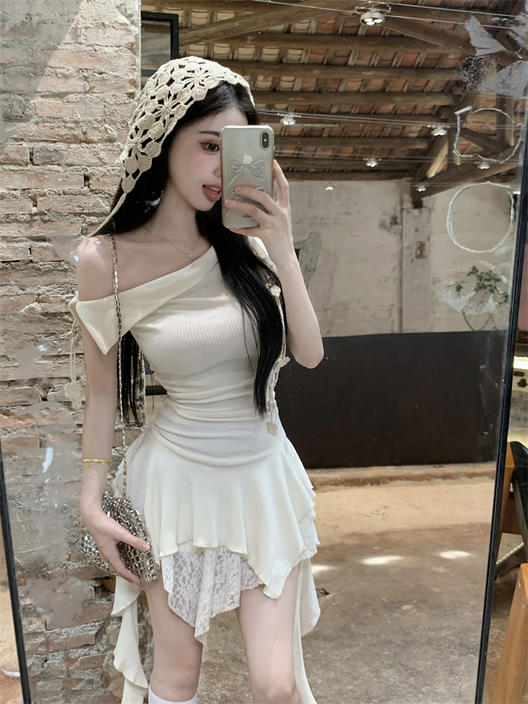 White temperament knitted summer splice lace dress