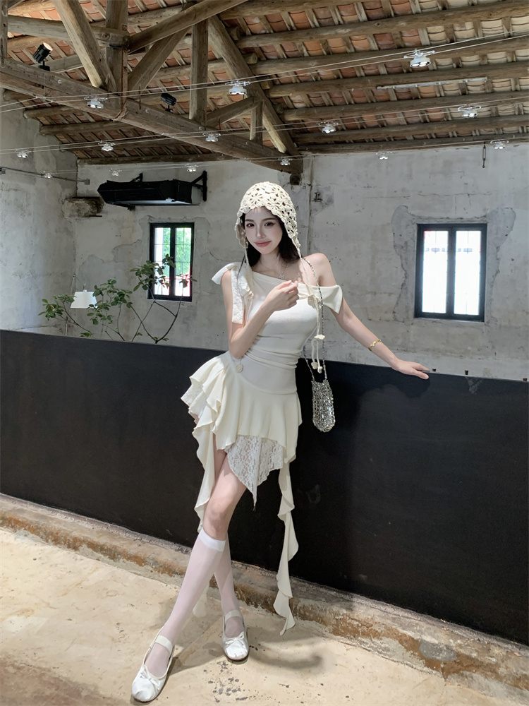 White temperament knitted summer splice lace dress