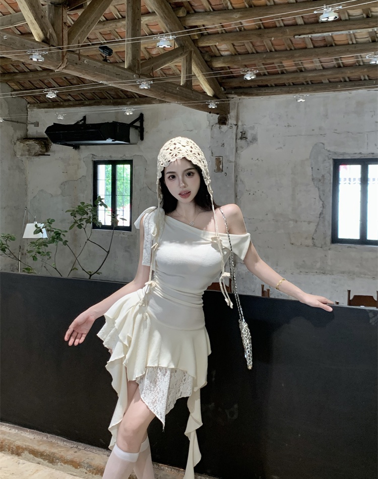 White temperament knitted summer splice lace dress