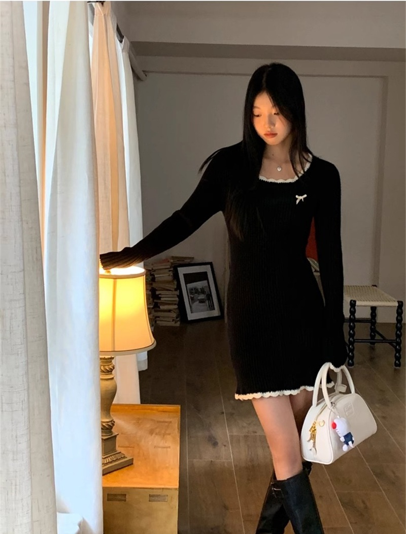 Black knitted autumn and winter France style dress for women