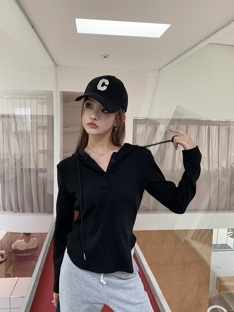 Hooded all-match shirts Casual slim hat for women