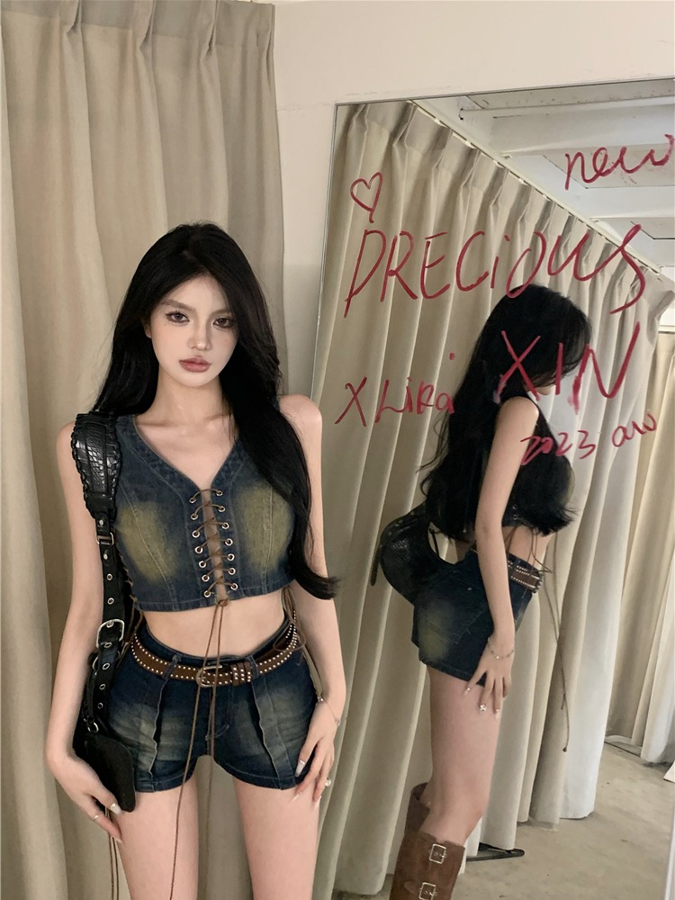 Wrapped chest bandage denim short skirt 2pcs set