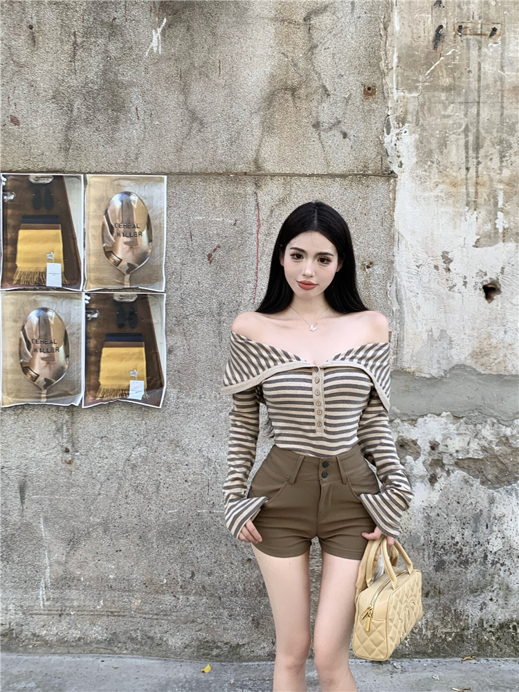 High waist long sleeve tops Korean style shorts a set