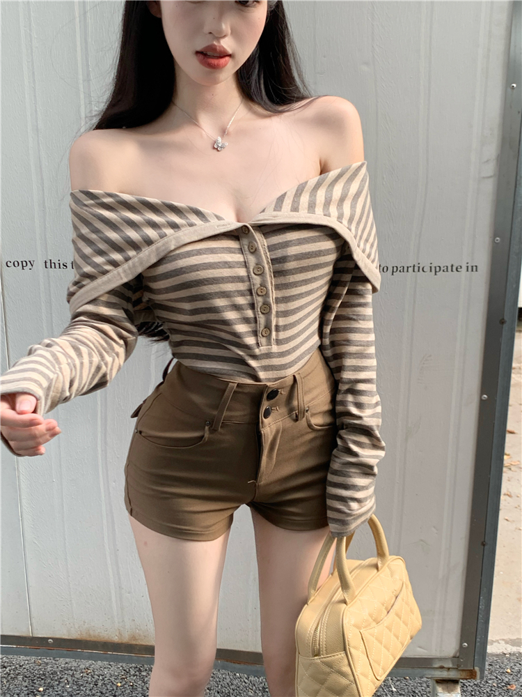 High waist long sleeve tops Korean style shorts a set