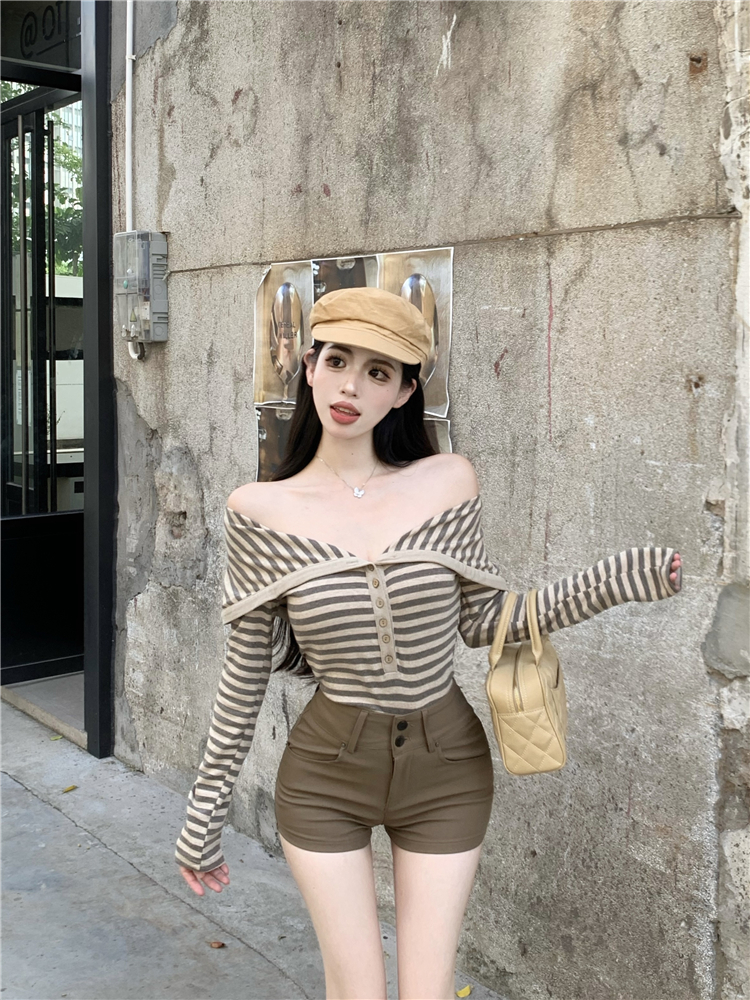 High waist long sleeve tops Korean style shorts a set