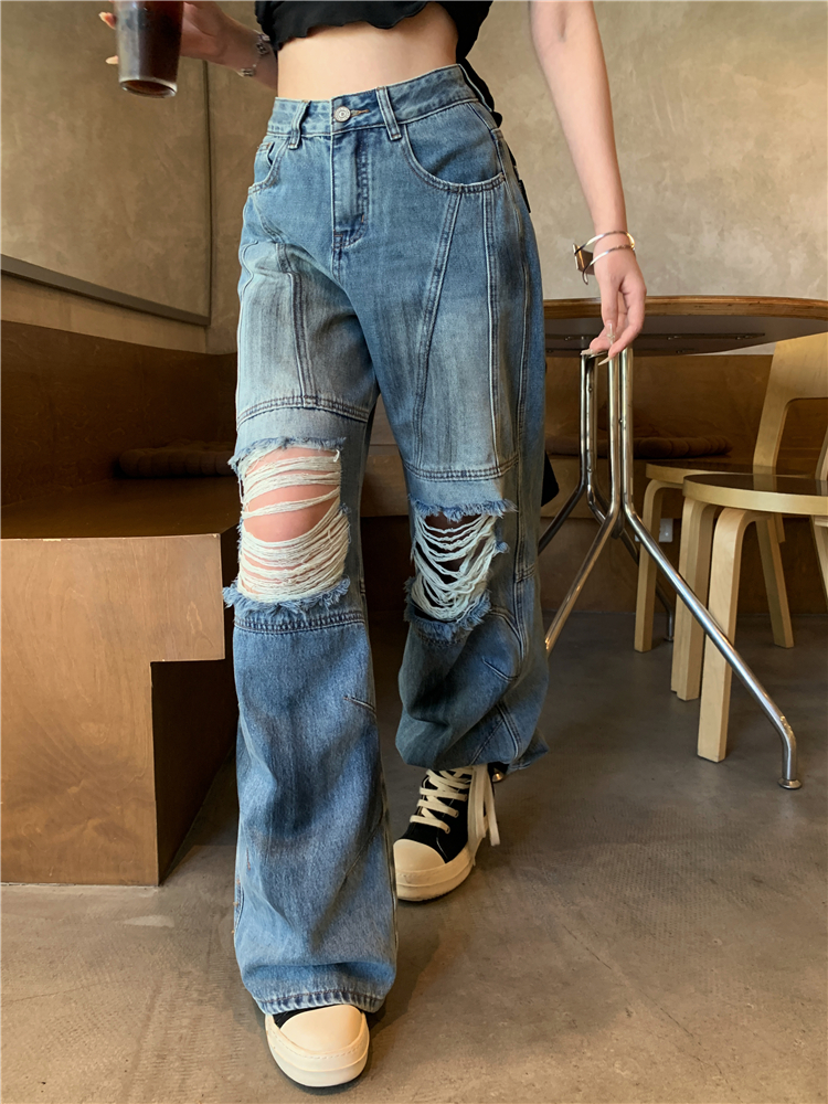 American style holes jeans retro mopping pants for women