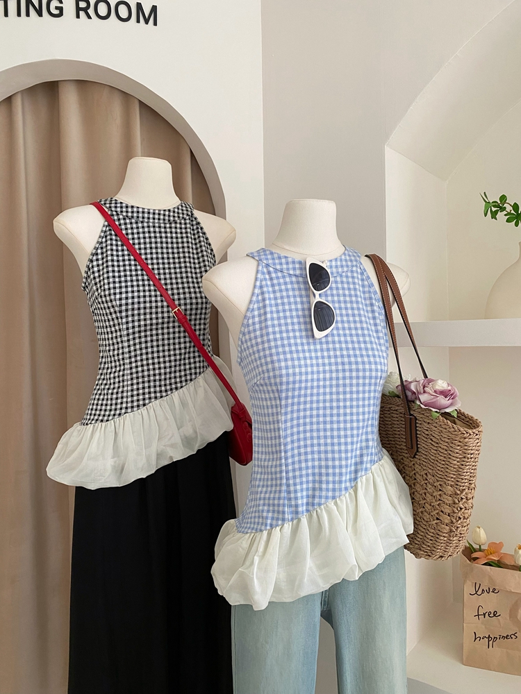 Elasticity plaid slim gauze splice halter summer tops