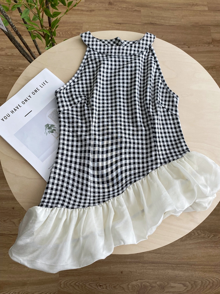 Elasticity plaid slim gauze splice halter summer tops