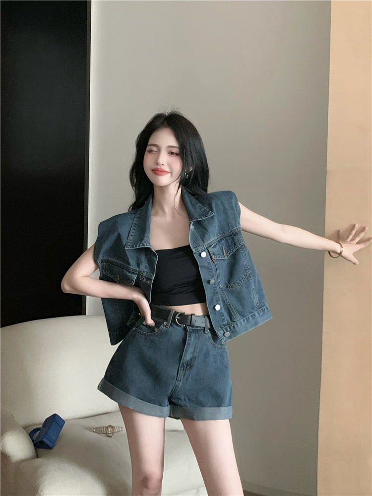 Korean style waistcoat short jeans 2pcs set