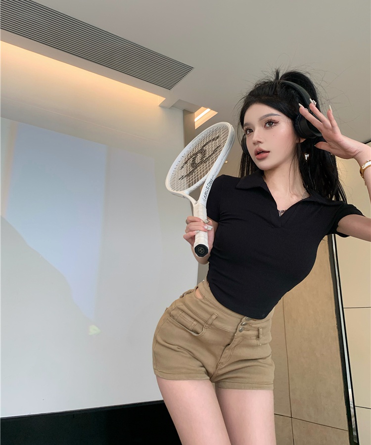 All-match short jeans high waist T-shirt for women