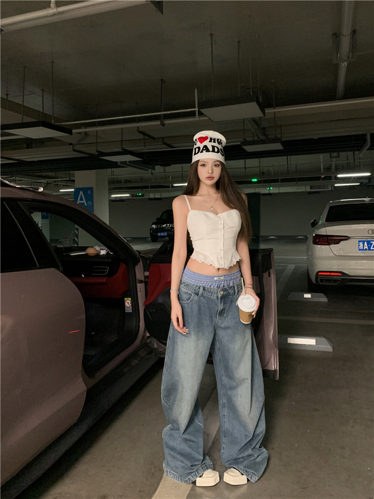 Mopping double waistband jeans drape American style tops