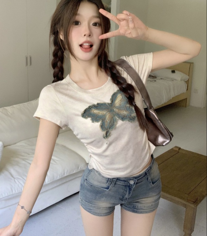 Butterfly short sleeve tops slim retro T-shirt