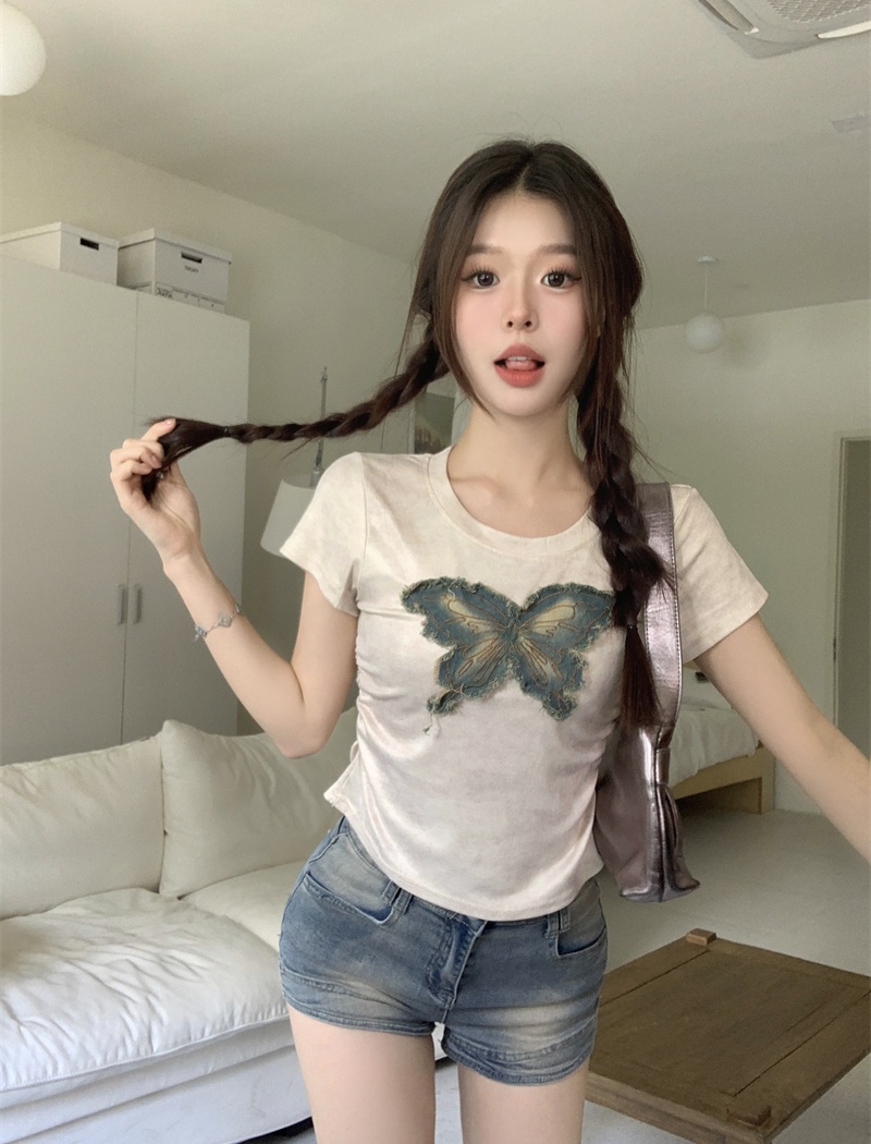 Butterfly short sleeve tops slim retro T-shirt