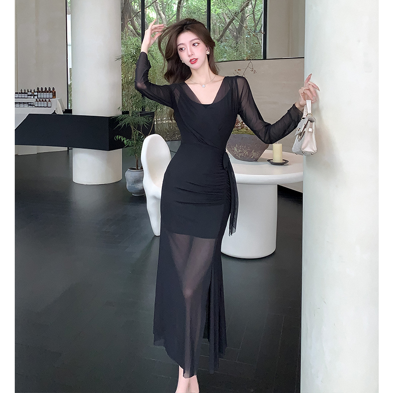 Gauze mermaid fold dress sexy tender long dress 2pcs set