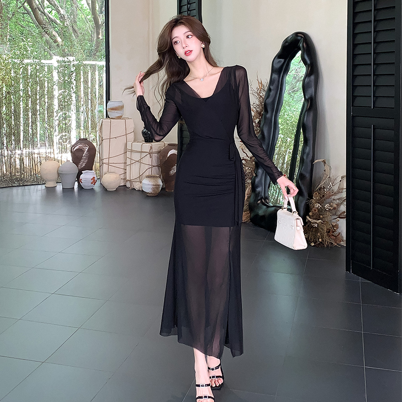 Gauze mermaid fold dress sexy tender long dress 2pcs set