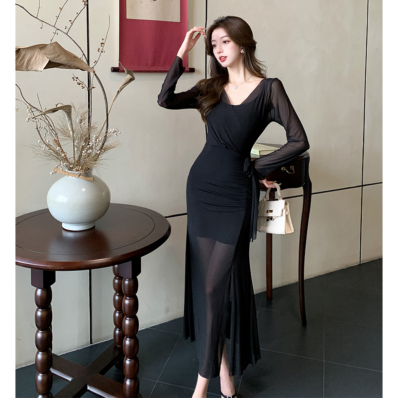 Gauze mermaid fold dress sexy tender long dress 2pcs set