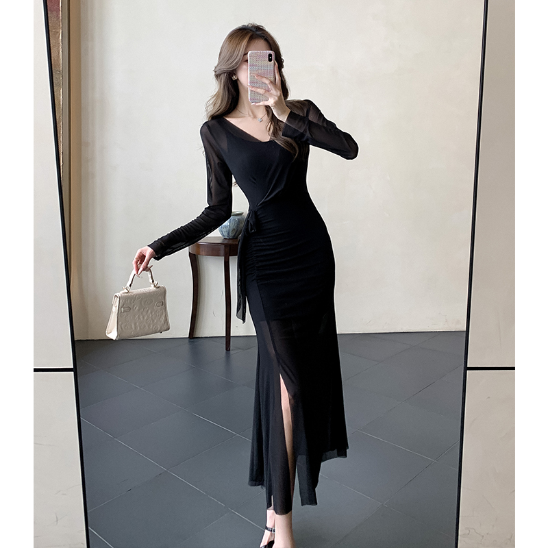 Gauze mermaid fold dress sexy tender long dress 2pcs set