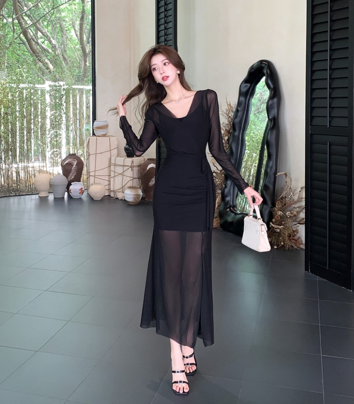 Gauze mermaid fold dress sexy tender long dress 2pcs set