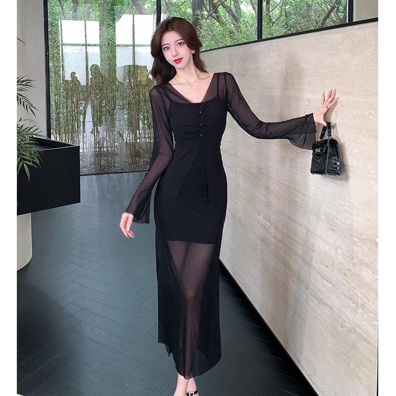 Autumn slim strap dress enticement tops 2pcs set