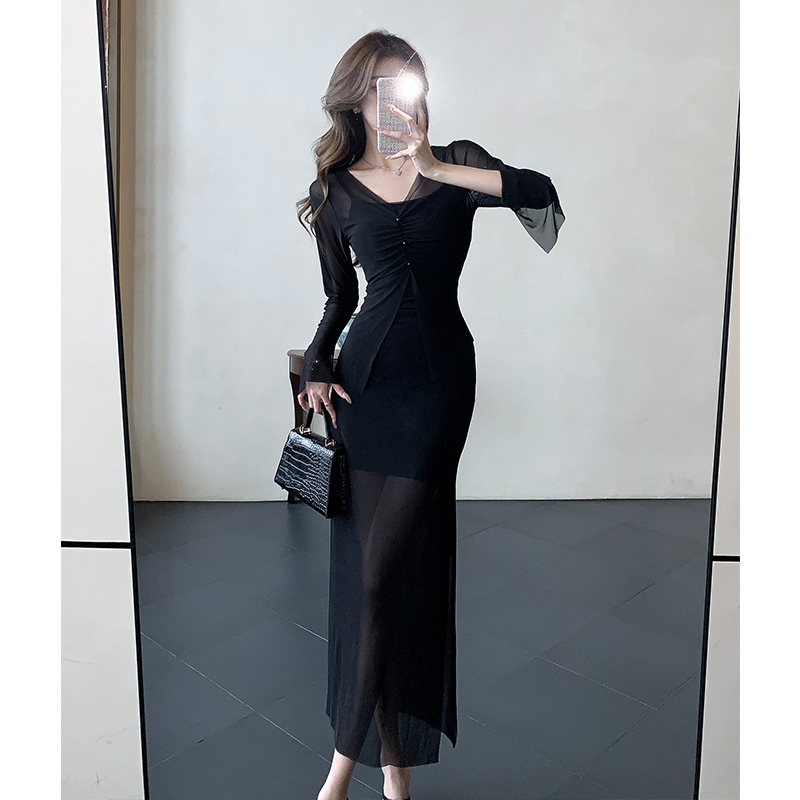 Autumn slim strap dress enticement tops 2pcs set