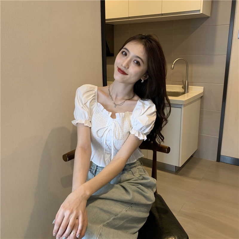 Puff sleeve slim lotus leaf edges summer shirt for women