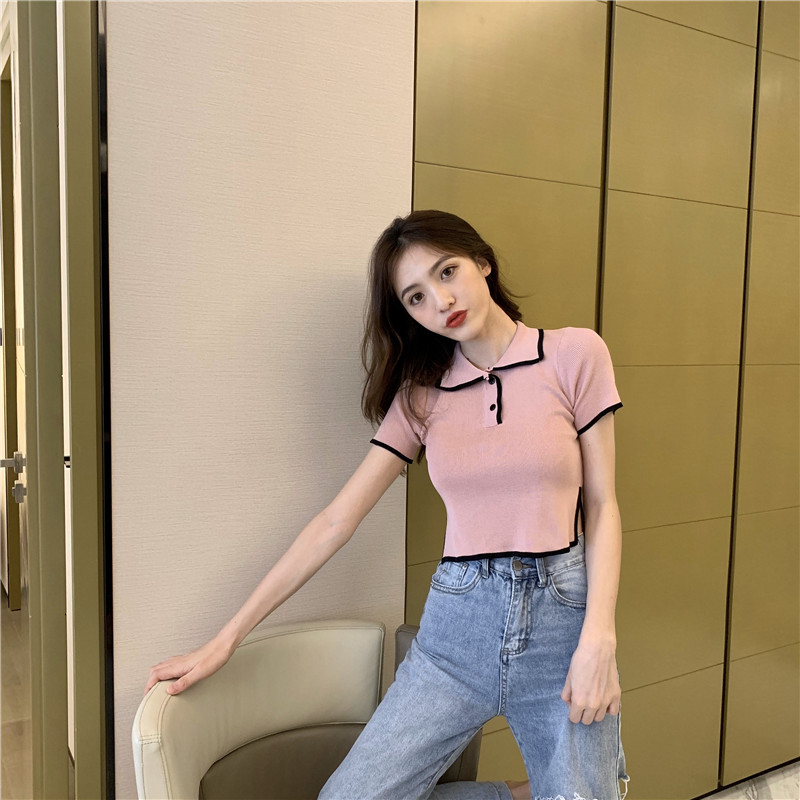 Mixed colors slim short tops simple short sleeve sweater