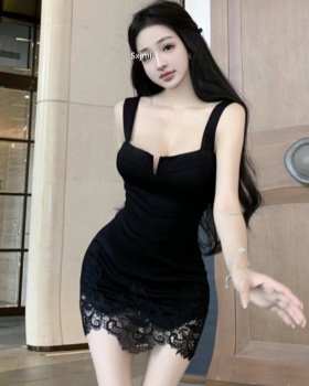 Lace splice slim spicegirl V-neck short dress