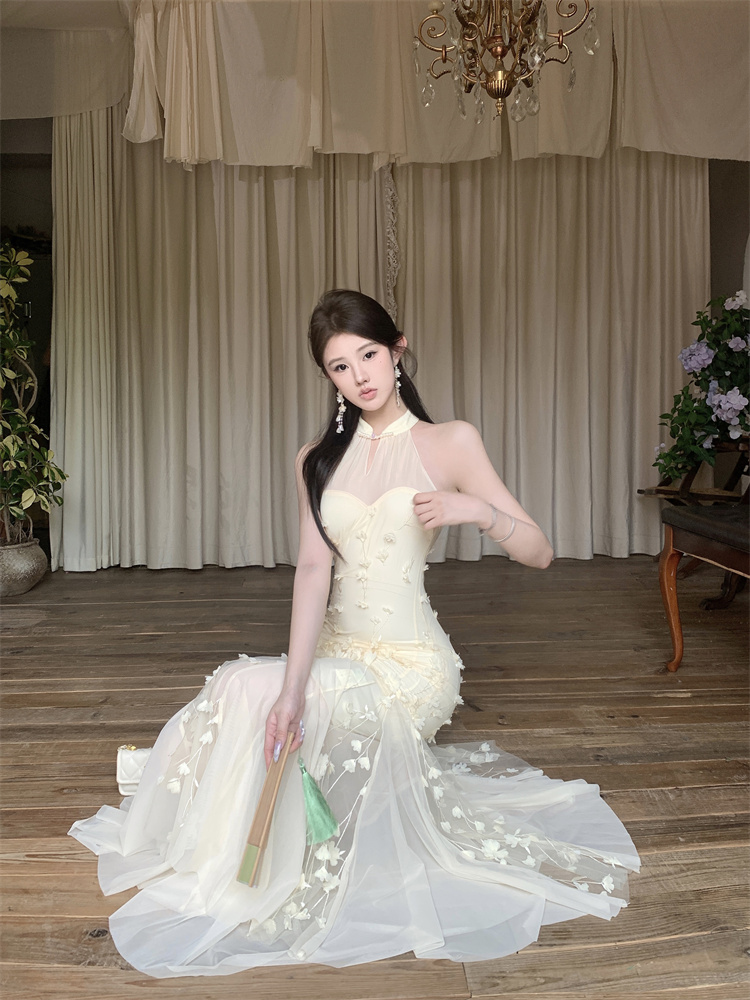 Flowers decoration long slim stereoscopic hollow dress